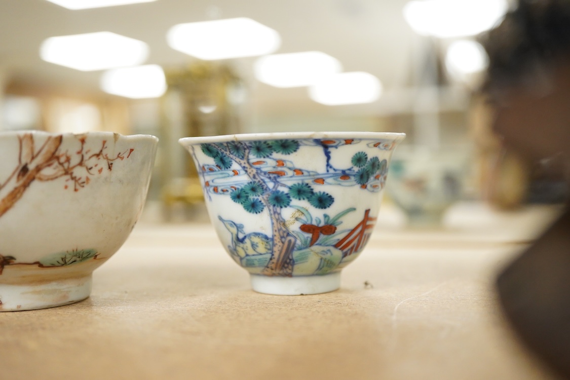 Two Chinese teacups, one Doucai with Chenghua mark, the other famille rose, tallest 4.5cm